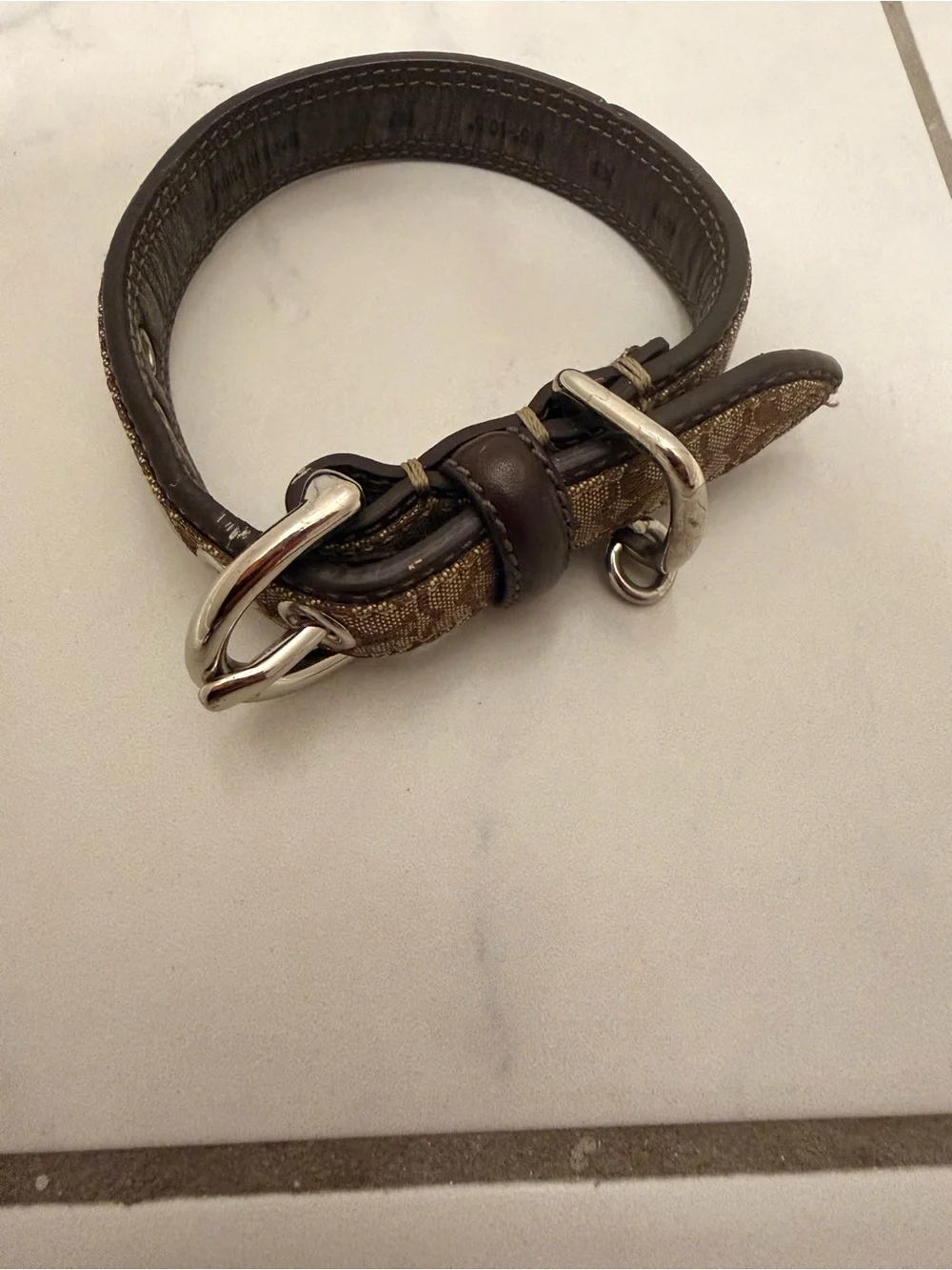 Authentic Coach Monogram Brown  Leather Trim Dog Collar with Silver Hardware